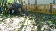 ГНБ прокол в лесопарке, Саранск, завершение затягивания трубы